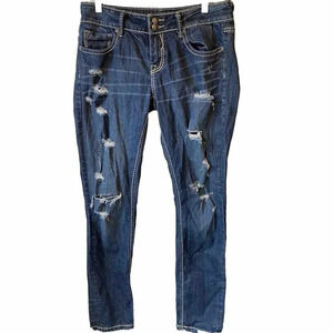 Y2K Vigoss Dark Wash Blue Low Rise Stretch Distressed Slim Leg Women 30 Pockets